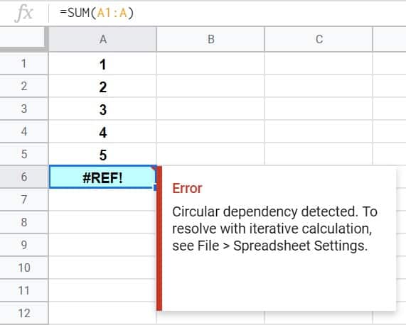 Circular dependency detected error message when summing in Google Sheets- Part 1 of the example, with an incorrect formula reference