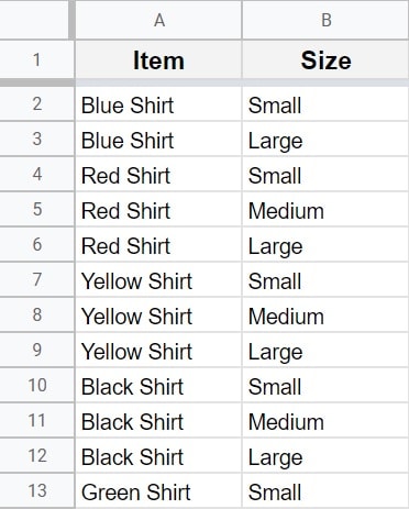 Example of experiencing the circular dependency error when filtering from another tab in Google Sheets- Tab with the source data