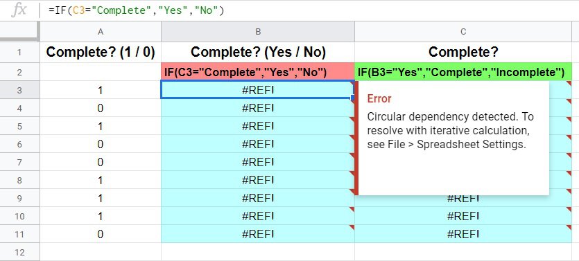 An example that shows how to resolve the Google Sheets "Circular dependency detected" error part 1- One wrong formula that is causing two errors