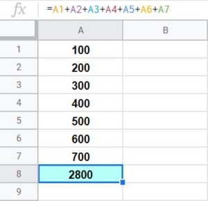 An example of adding multiple cells in Google Sheets, by referring to cells in a single column