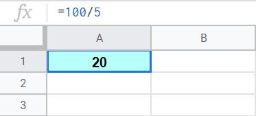 An example of dividing numbers in Google Sheets, without cell references