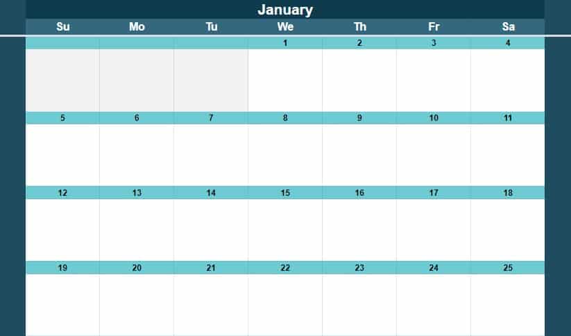 Example of the full-sized Google Sheets calendar template by SpreadsheetClass.com