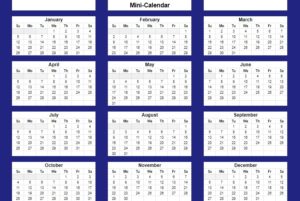 Example of the Google Sheets calendar template by SpreadsheetClass.com, miniature version with entire year on one page