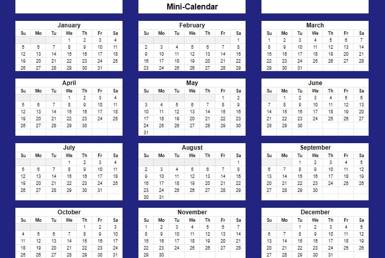 Example of the Google Sheets calendar template by SpreadsheetClass.com, miniature version with entire year on one page