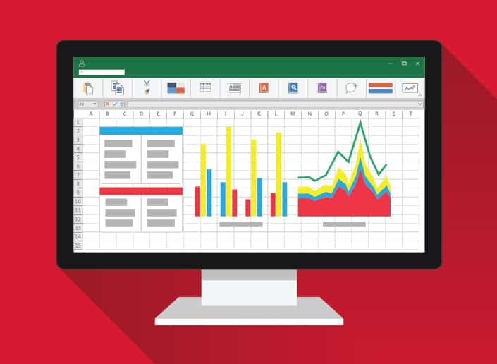A dashboard illustration with graphs and charts on a Google spreadsheet, with a red background