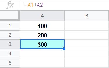 An example of adding in Google Sheets by referring to cells that contain numbers