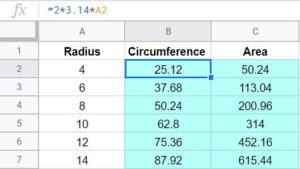 An example that shows how to calculate equations in Google Sheets (Circumference and area of a circle), and at the same time shows how to copy mathematical formulas down the column