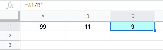 An example of dividing in Google Sheets by referring to cells that contain numbers