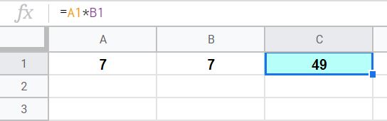 An example of multiplying in Google Sheets by referring to cells that contain numbers