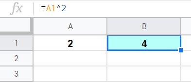 An example of squaring numbers in Google Sheets by referring to cells that contain numbers