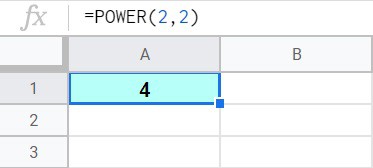 An example of squaring numbers in Google Sheets by using the POWER function