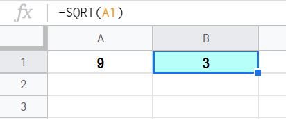An example of square rooting in Google Sheets by referring to cells that contain numbers