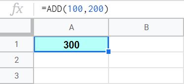 An example of using the ADD function to add numbers in Google Sheets