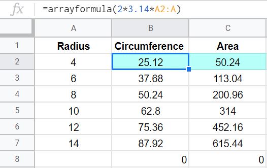A basic example that shows how to apply the circle formulas (circumference and area) to the entire column by using the ARRAYFORMULA function
