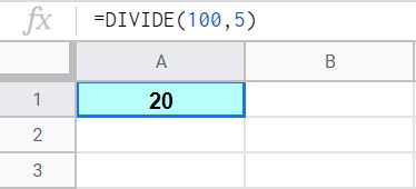 An example of using the DIVIDE function to divide numbers in Google Sheets
