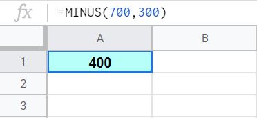 An example of using the MINUS function to subtract numbers in Google Sheets
