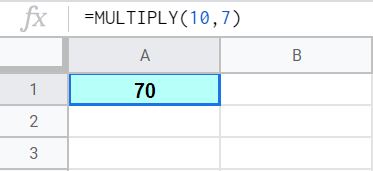 An example of using the MULTIPLY function to multiply numbers in Google Sheets