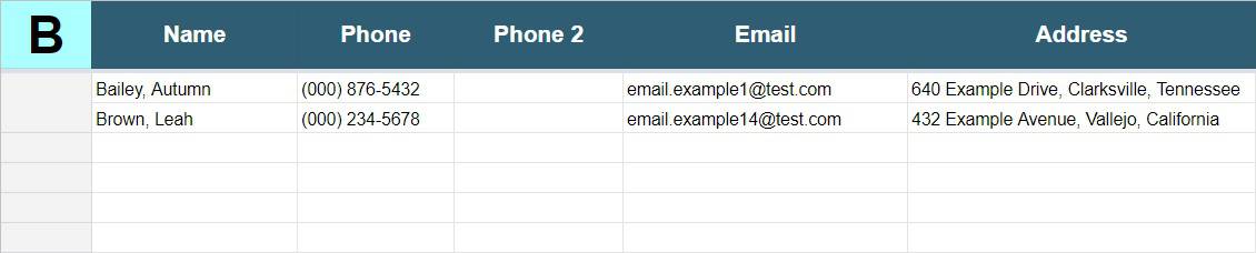 An example of the tab that allows you to search by letter in the Google spreadsheet contact list template