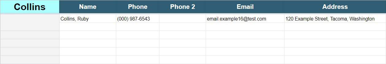 An example of the tab that allows you to search by name in the Google spreadsheet contact list template