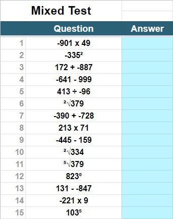 An example of a worksheet in the Google Sheets math worksheets template, which has the difficulty settings turned up