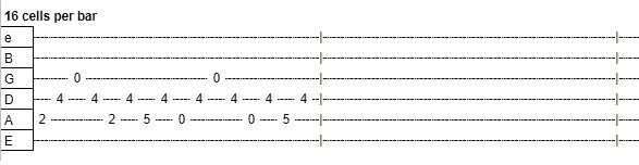 An example of the version of the Google spreadsheet guitar tabs template that has 16 cells per bar
