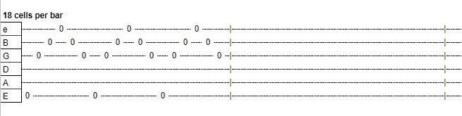 An example of the version of the Google spreadsheet guitar tabs template that has 18 cells per bar