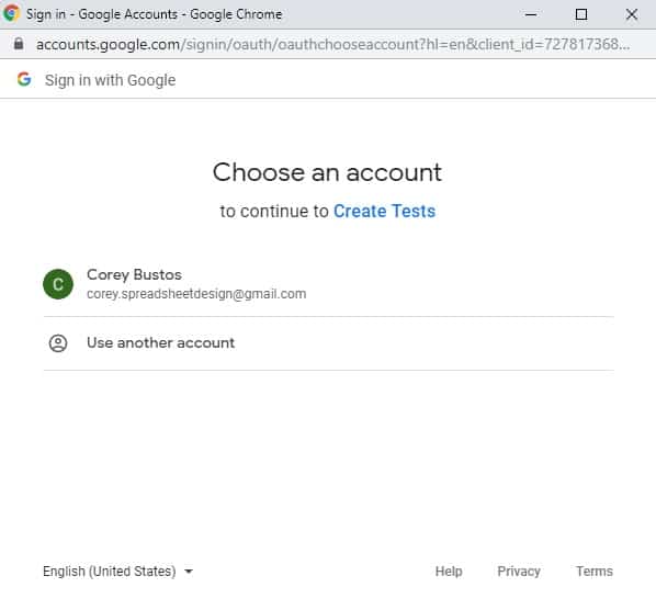 An example of the window where you select a Google account to allow a Google app (Google Script)