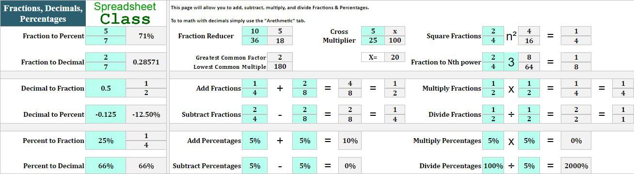 An example of the fractions, decimals, and percentages tab in the Google Sheets math problem solver template