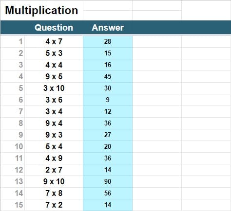 An example of the "Multiplication" tab in the Google Sheets math worksheets template, with the answer checking feature turned off (Printer friendly example)