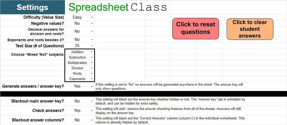 An example of the "Settings / Reset" tab in the Google Sheets math worksheets template