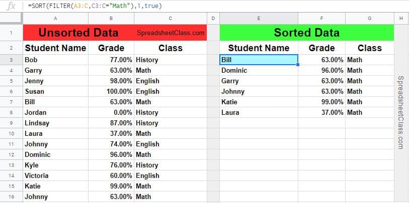 Example of using the Google Sheets SORT FILTER nested formula example (Lesson by spreadsheetclass.com)