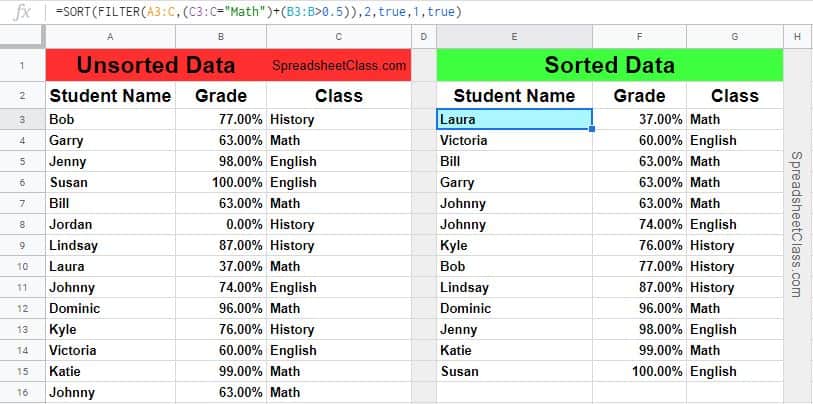 Example of Google Sheets SORT FILTER nested formula, sorting by multiple columns and filtering by multiple conditions (OR logic)