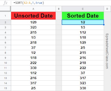 An example of how to sort by date in Google Sheets with the SORT function
