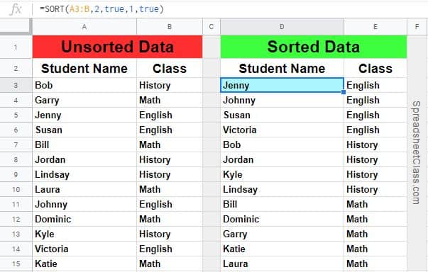 An example of how to sort by multiple columns with the Google Sheets SORT function