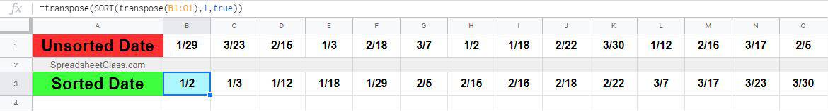 An example showing how to sort horizontally in Google Sheets with the SORT function and the TRANSPOSE function