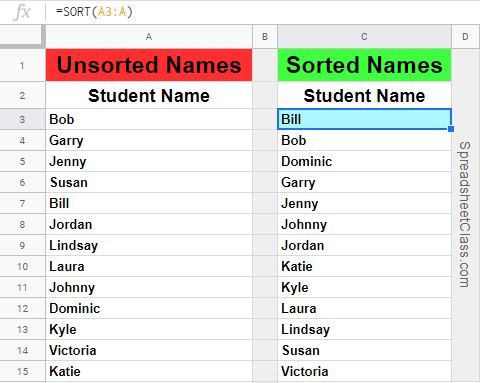 An example of using the SORT function in Google Sheets. A super simple example of sorting a single column of names
