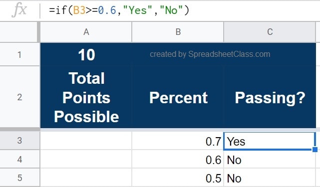 A basic and clear example of using the IF function in Google Sheets (Content created by SpreadsheetClass.com)