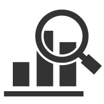 An icon (Magnifying glass with column chart) that represents analyzing data