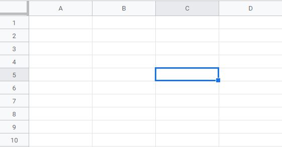 An example showing cell addresses (Selected cell at specified row and column) in Google Sheets