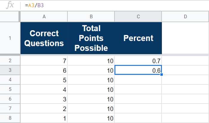 An example of copying and pasting formulas in Google spreadsheets