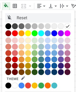 An example of the color palette in Google Sheets