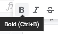 An example of the font style menu in Google Sheets, with "bold" selected