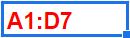 An example of typing / notating ranges and references in Google Sheets (Range A1:D7)
