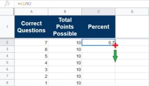 An example of how to use the fill handle to fill down (autofill) in Google Sheets