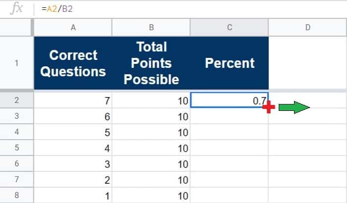 An example of how to use the fill handle to fill right (autofill) in Google Sheets