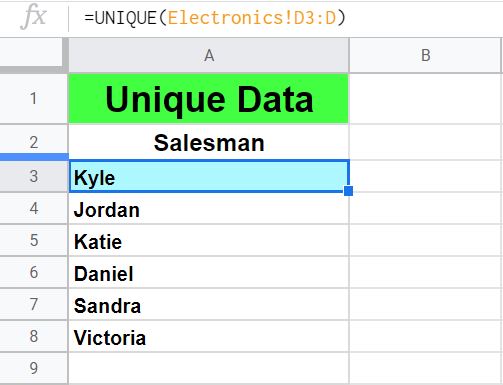 An example that demonstrates how to use the UNIQUE function to remove duplicates from another tab, formula tab