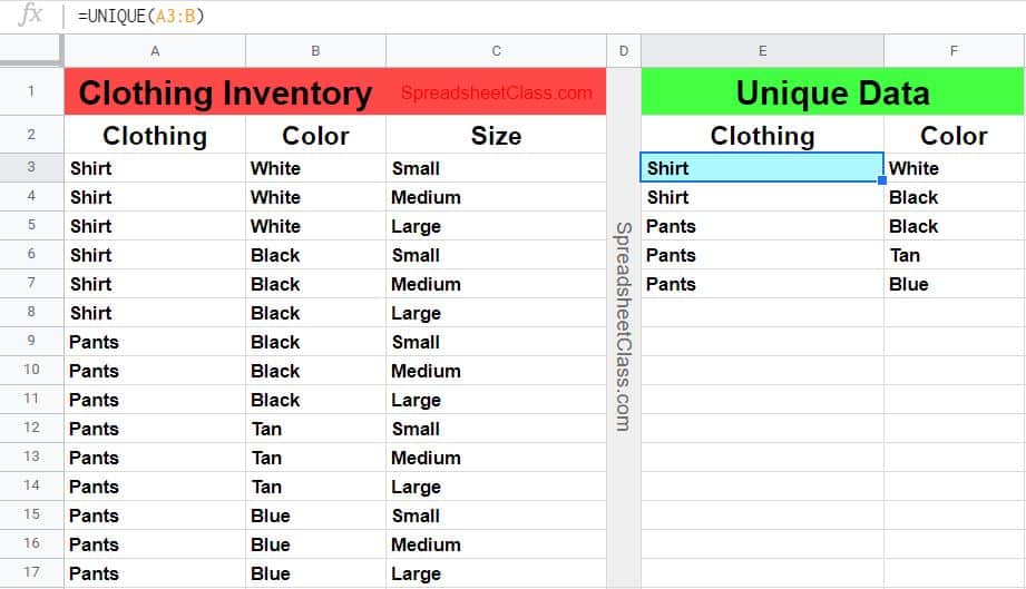 An example that shows how to use the UNIQUE function on 2 columns to create a list of unique clothing types and colors