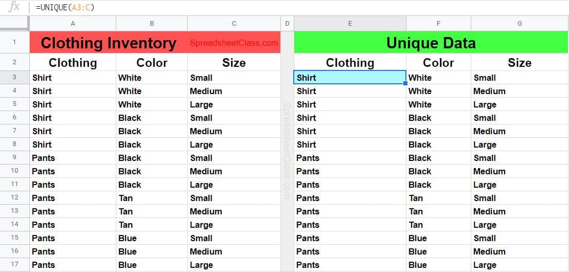 An example that shows how to use the UNIQUE function on 3 columns to create a list of unique clothing types, colors, and sizes. No duplicates found