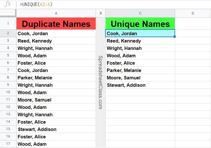An example that shows how to use the UNIQUE function to remove duplicate names in Google Sheets (Content by SpreadsheetClass.com)