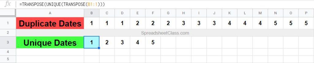 An example that shows how to use the UNIQUE function with the TRANSPOSE function to remove duplicates horizontally